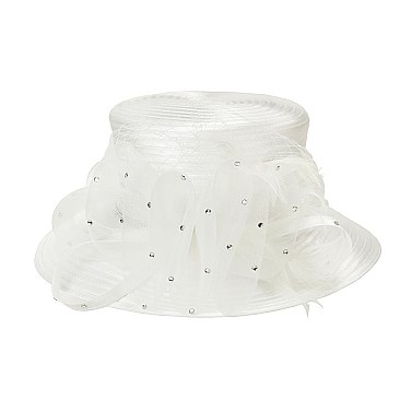 SATIN LADY HAT With Ruffle Mesh And Feather Decor MEZ2106