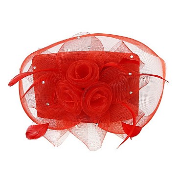 Pillbox Hat With Mesh Roses and feathers MEZ2108