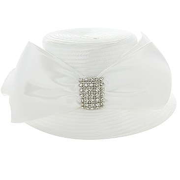 Medium Brim Satin Braid Hat with Big Satin Bow And Rhinestone Accent