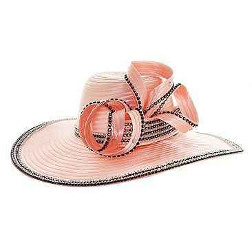 Fashion Satin Braid Hat Large Brim with rhinestone band and rhinestones trim