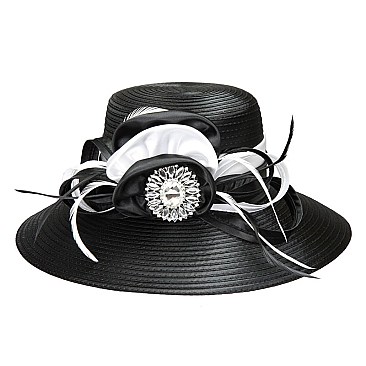 SATIN LADY HAT With Big Rhinestone Center JEWEL satin bow and feathers MEZ2145