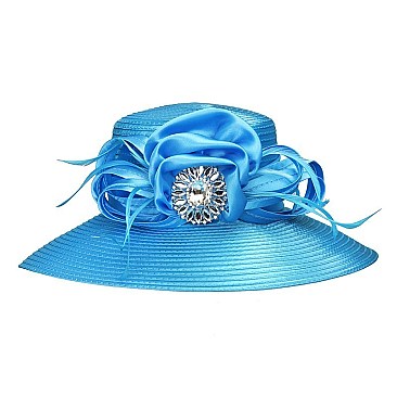 SATIN LADY HAT With Big Rhinestone Center JEWEL satin bow and feathers MEZ2145