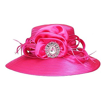 SATIN LADY HAT With Big Rhinestone Center JEWEL satin bow and feathers MEZ2145
