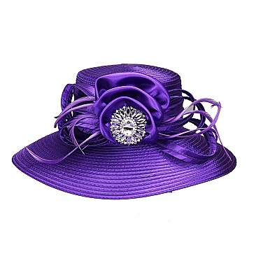 SATIN LADY HAT With Big Rhinestone Center JEWEL satin bow and feathers MEZ2145