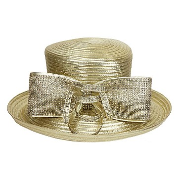 Metallic Satin Braid Hat with Big rhinestone bow and Loopy Bow MEZ2165