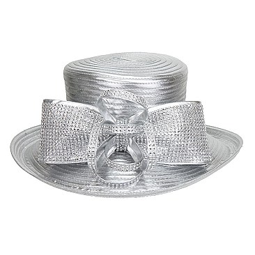 Metallic Satin Braid Hat with Big rhinestone bow and Loopy Bow MEZ2165