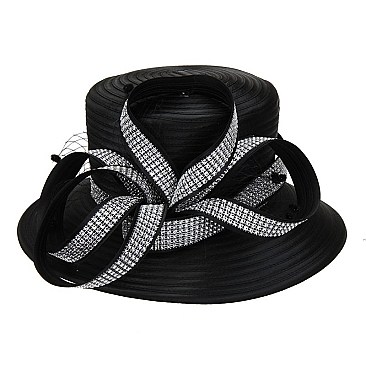 SATIN Elegant HAT With Crystal Bow Ribbon