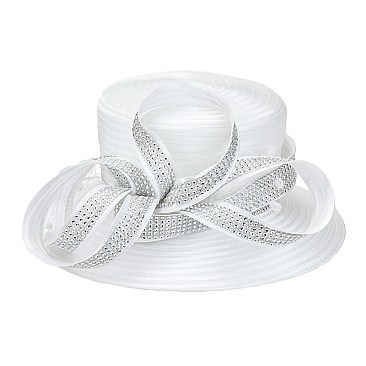 SATIN Elegant HAT With Crystal Bow Ribbon