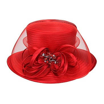 SATIN LADY HAT With LOOPY CENTER RHINESTONES AND DECORATIVE MESH  MEZ2168