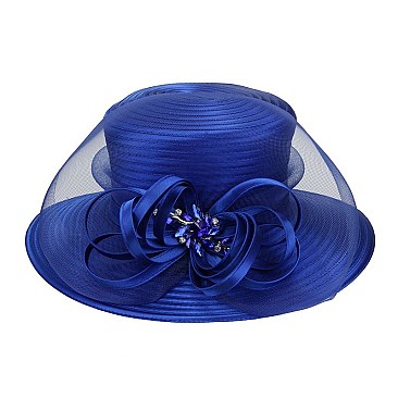 SATIN LADY HAT With LOOPY CENTER RHINESTONES AND DECORATIVE MESH  MEZ2168