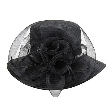 SATIN HAT With Rhinestones Bands and Large Floral Decor  MEZ2173