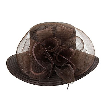SATIN HAT With Rhinestones Bands and Large Floral Decor  MEZ2173