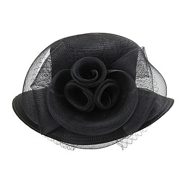 SATIN HAT With Large Mesh Bow And Floral Decor