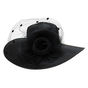SATIN HAT With Large Mesh  Floral Decor