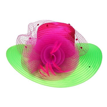 SATIN HAT With Large Mesh  Floral Decor