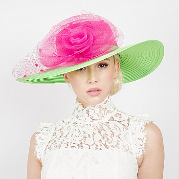 SATIN HAT With Large Mesh  Floral Decor