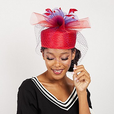 Pillbox Hat With Mesh VEIL and feathers