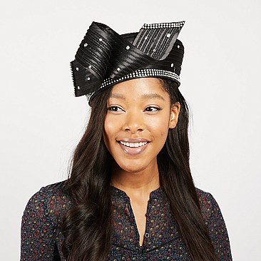 WAVY BOW WITH STONES BRAID PILL HAT