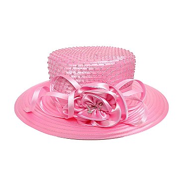 ROSE BOW STONE STUDDED SATIN BRAID HAT