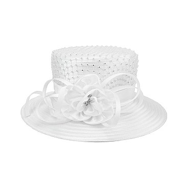 ROSE BOW STONE STUDDED SATIN BRAID HAT