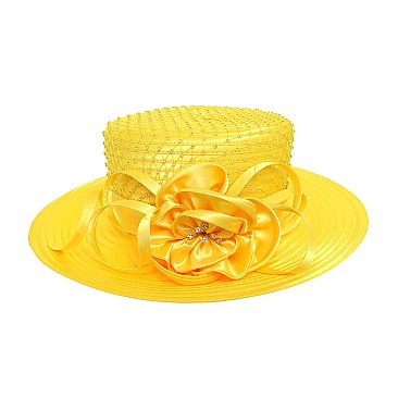 ROSE BOW STONE STUDDED SATIN BRAID HAT