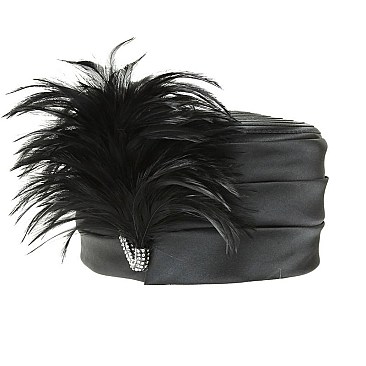 SIDE FEATHER ACCENT GATSBY SATIN PILLBOX HAT