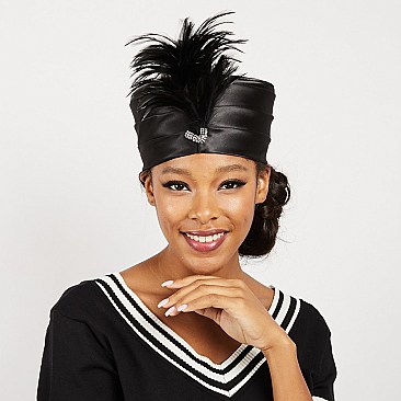 SIDE FEATHER ACCENT GATSBY SATIN PILLBOX HAT