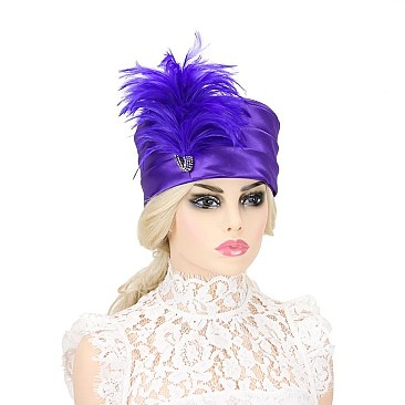 SIDE FEATHER ACCENT GATSBY SATIN PILLBOX HAT