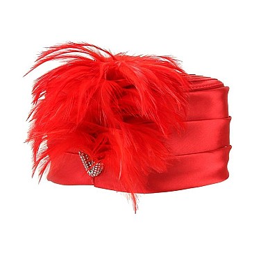 SIDE FEATHER ACCENT GATSBY SATIN PILLBOX HAT