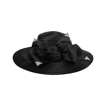 LARGE BRIM BOW FEATHER DETAIL CHURCH HAT