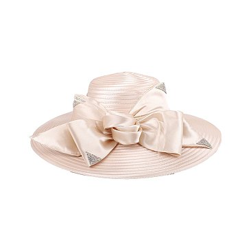 LARGE BRIM BOW FEATHER DETAIL CHURCH HAT