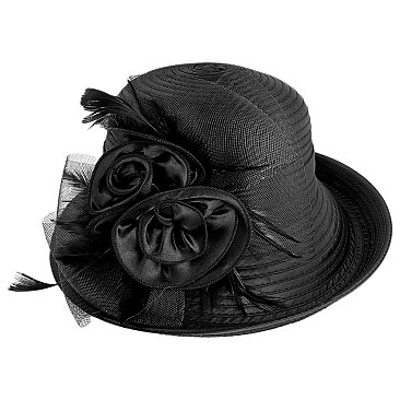SMALL BRIM SATIN HAT WITH DOUBLE FLOWERS