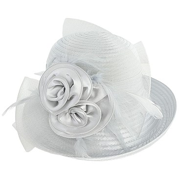 SMALL BRIM SATIN HAT WITH DOUBLE FLOWERS