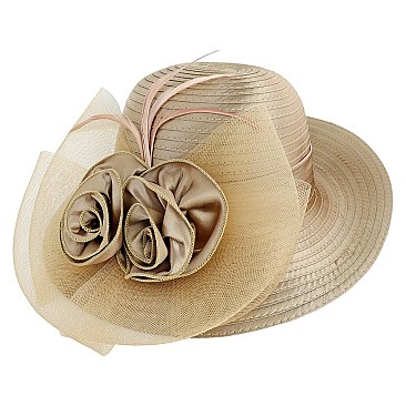 SMALL BRIM SATIN HAT WITH DOUBLE FLOWERS