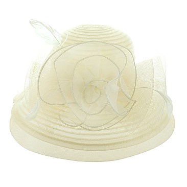 WIDE BRIM SATIN DERBY HAT with LARGE ROSE ACCENT