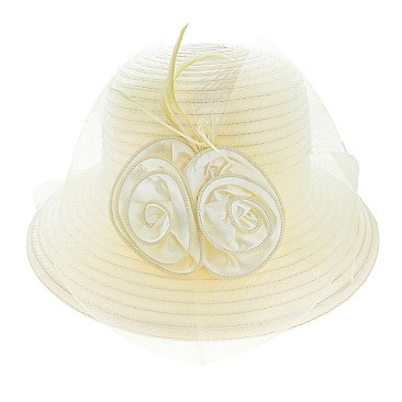 FLORAL AND FEATHER VEIL NETTING BRAID DERBY CHURCH HAT