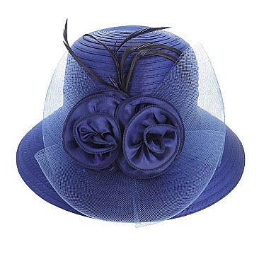 FLORAL AND FEATHER VEIL NETTING BRAID DERBY CHURCH HAT