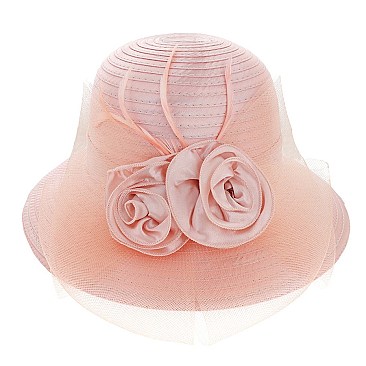 FLORAL AND FEATHER VEIL NETTING BRAID DERBY CHURCH HAT