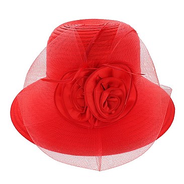 FLORAL AND FEATHER VEIL NETTING BRAID DERBY CHURCH HAT