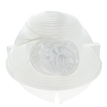 FLORAL AND FEATHER VEIL NETTING BRAID DERBY CHURCH HAT