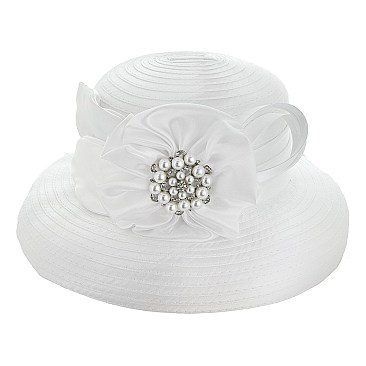 SATIN DERBY HAT with SATIN ROSE PEARLS BUTTON ACCENT