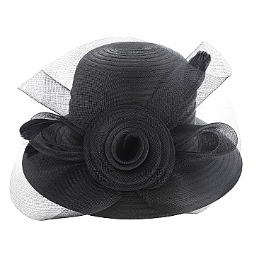 SATIN DERBY HAT with LARGE MESH ROSE ACCENT