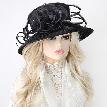 DRESSY SATIN HAT WITH CRYSTAL BELT AND LARGE ROSE