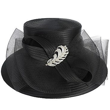 LARGE SATIN DRESSY HAT WITH A LEAF BROOCH