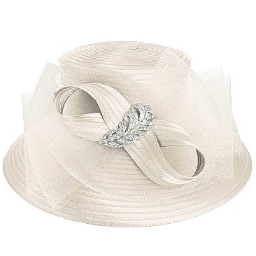 LARGE SATIN DRESSY HAT WITH A LEAF BROOCH