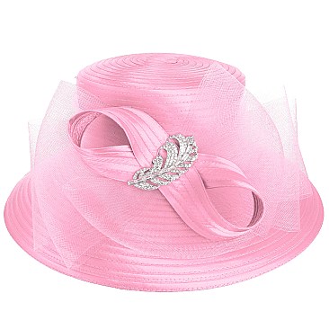 LARGE SATIN DRESSY HAT WITH A LEAF BROOCH