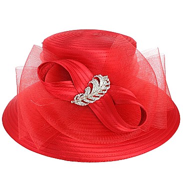 LARGE SATIN DRESSY HAT WITH A LEAF BROOCH