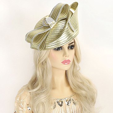 SATIN CHURCH Pillbox Hat With Crystals and Bow Accent