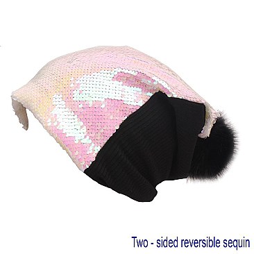 Trendy reversible sequin beanie hat with pom-pom