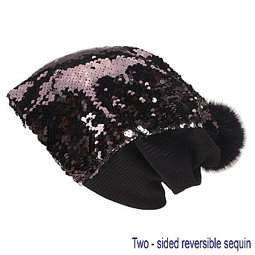 Trendy reversible sequin beanie hat with pom-pom